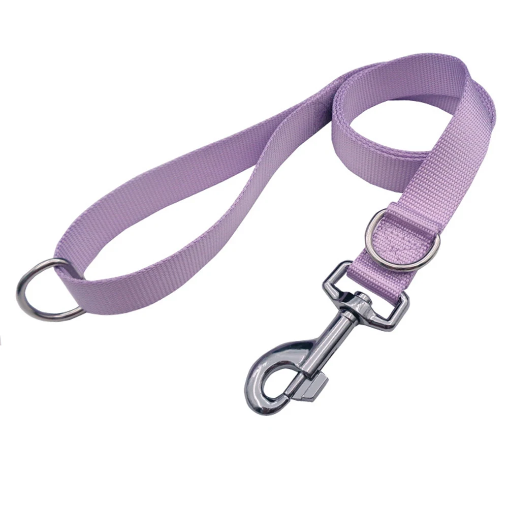Lavender woven strap with metal O-ring, D-ring, and swivel snap hook on white background