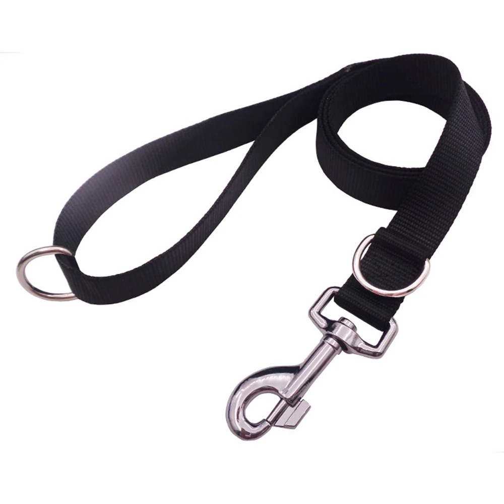 A black nylon strap with a metal snap hook and a metal ring.