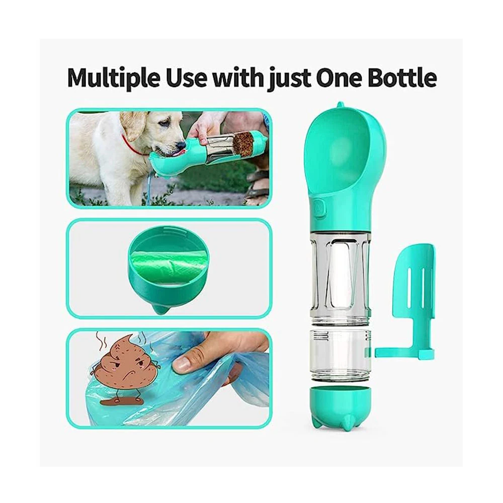 Marketing graphic showing a teal pet water bottle and scoop with usage examples for dogs and waste bags