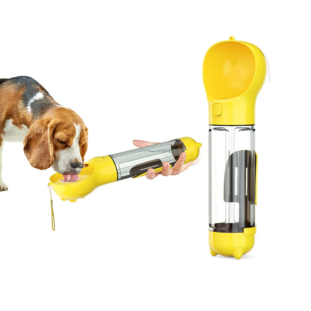 A dog drinking from a yellow and clear portable water bottle, shown next to the bottle in its upright position.