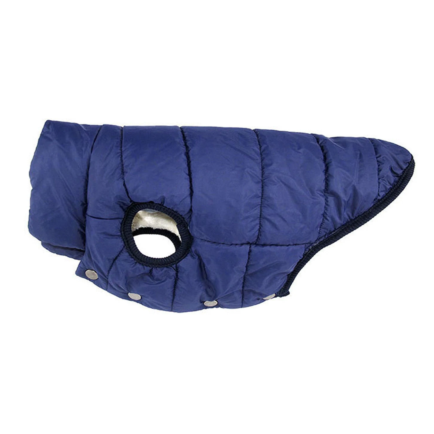 Blue quilted pet coat with white fleece lining and snap buttons