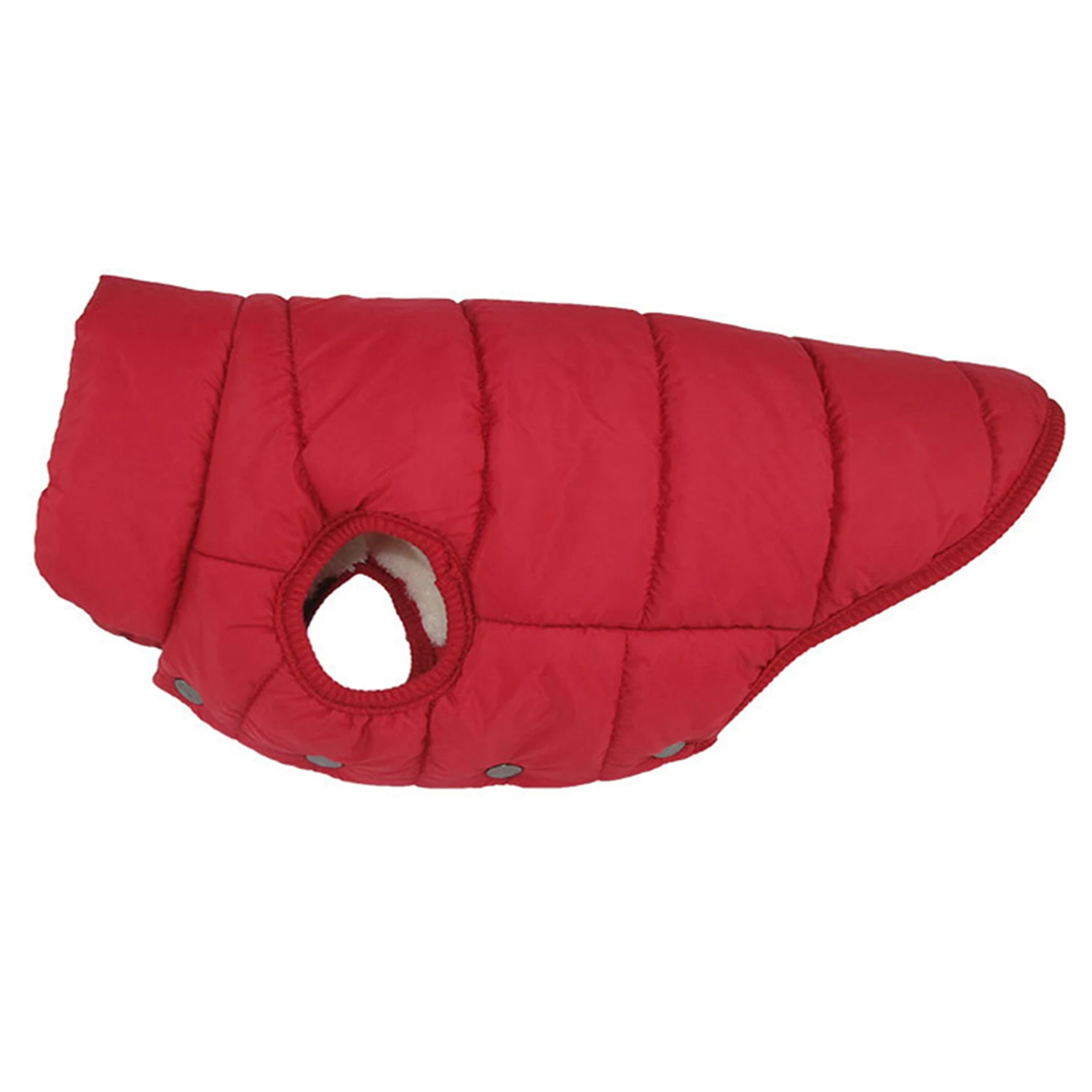 A red quilted pet coat with a neck opening and grey snap fasteners shown against a white background.