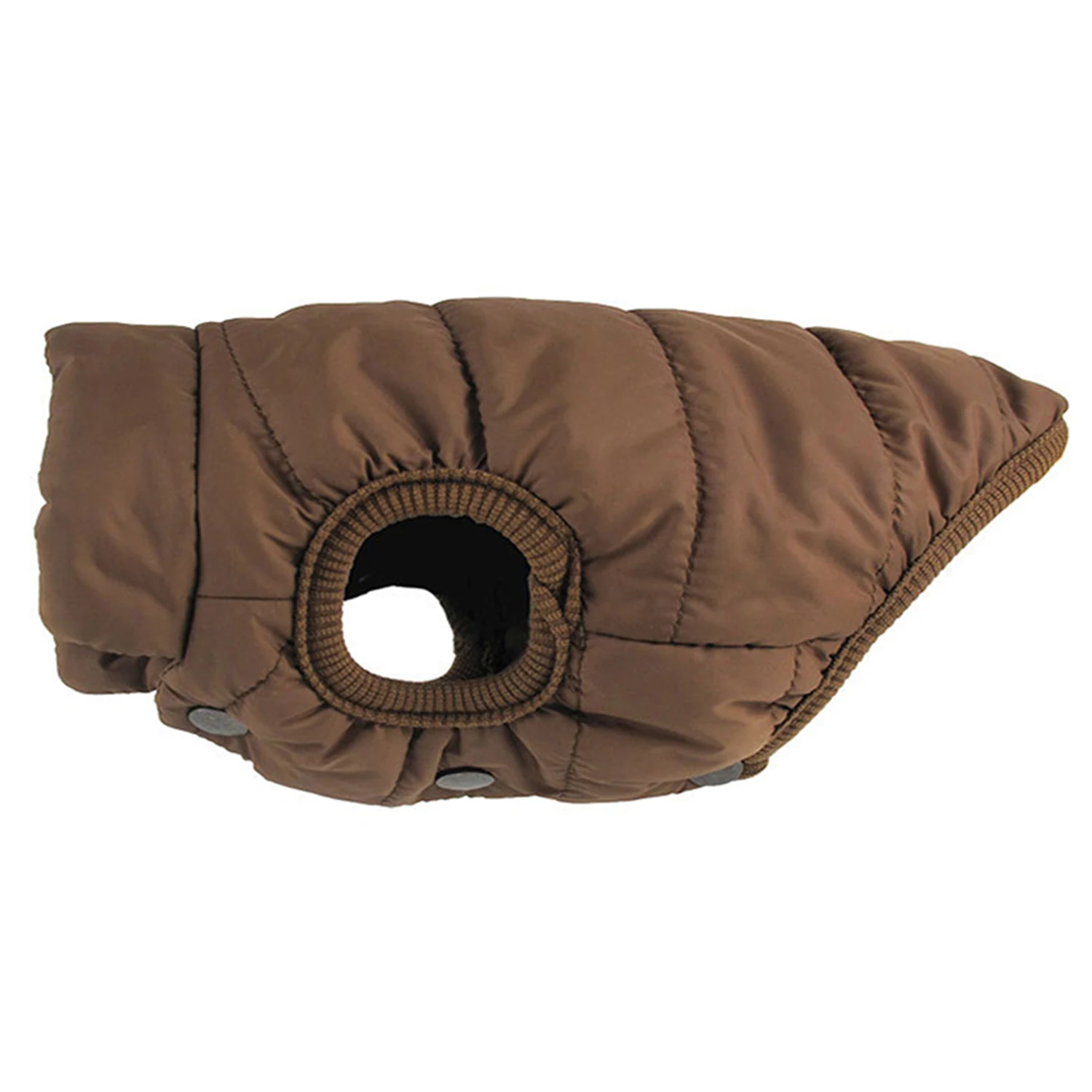 Brown quilted pet coat with leg hole and snap closure