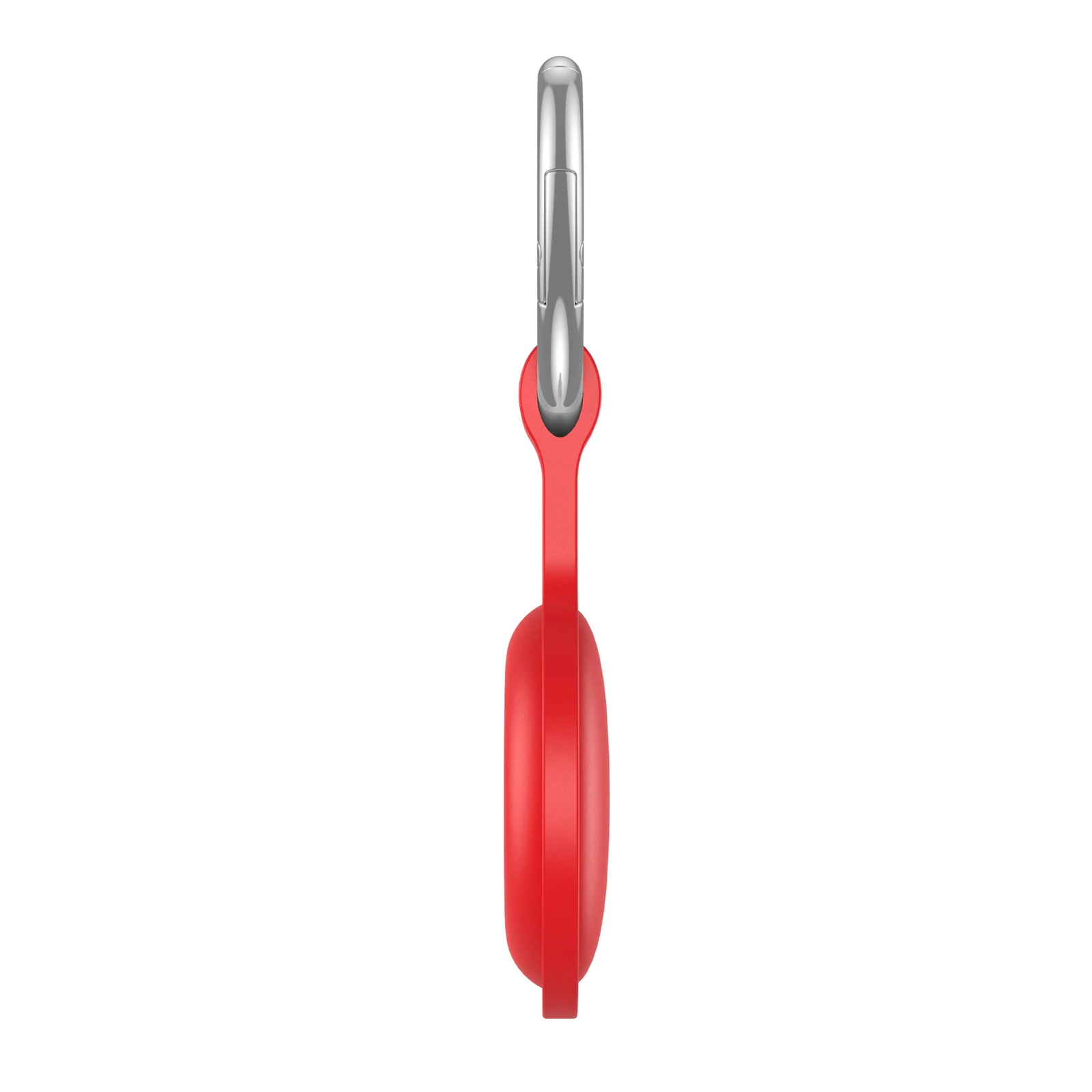 Side profile view of a red retractable dog leash with a silver metal clip.