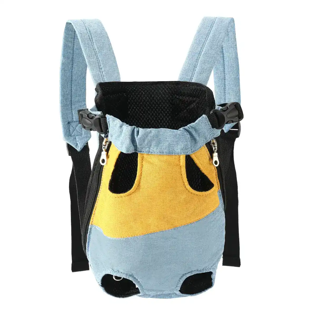 Front view of a denim and yellow baby carrier backpack with black mesh lining and adjustable straps.
