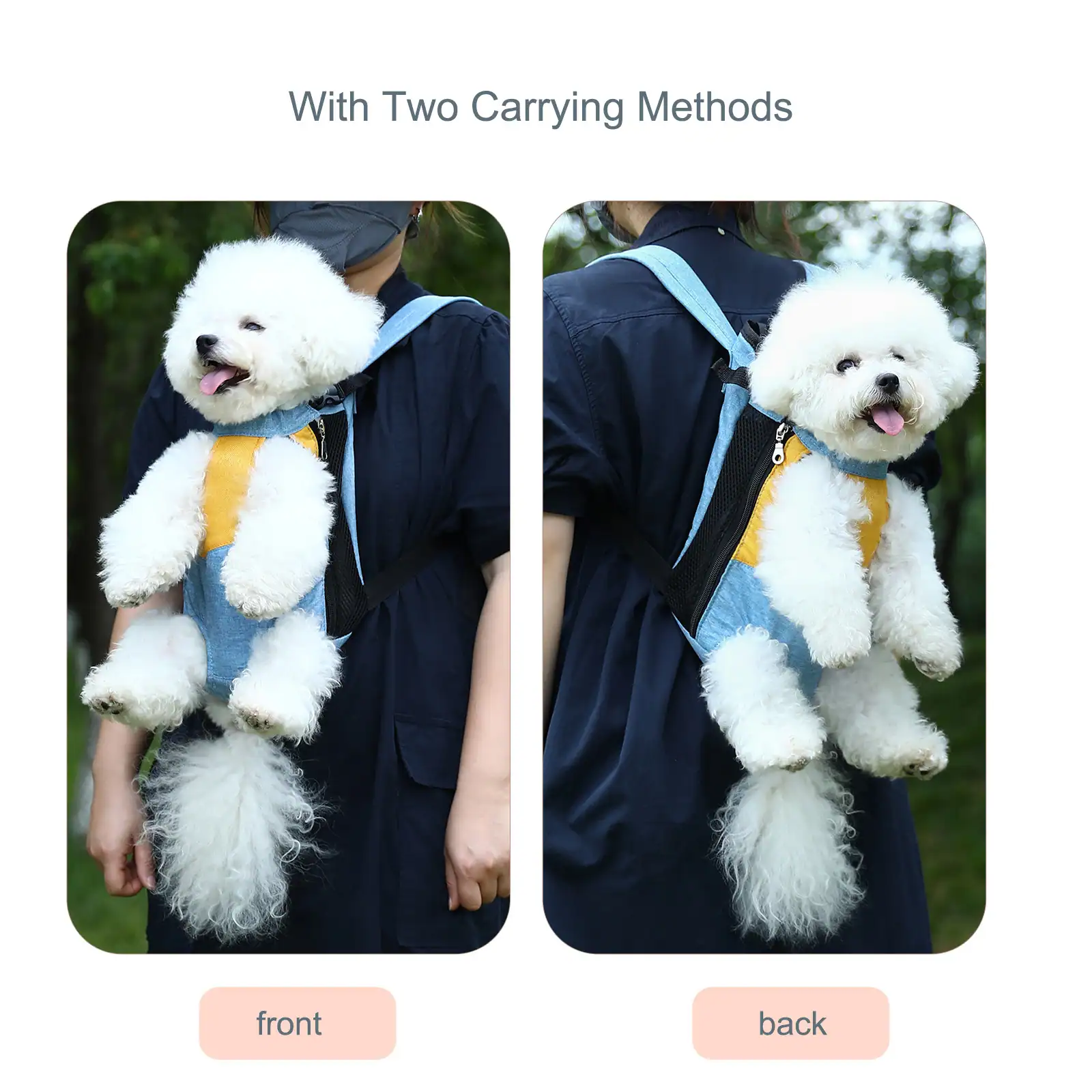 Side-by-side photos showing a white dog in a carrier backpack worn on the front and back.