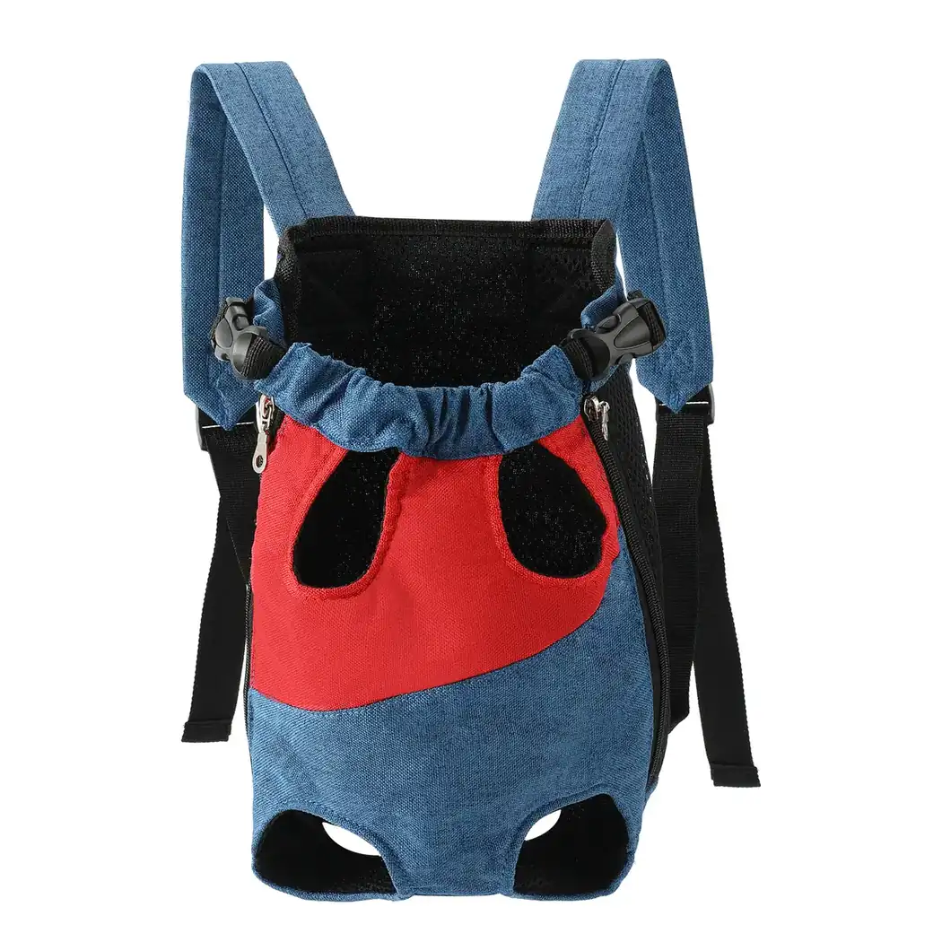 Blue denim pet carrier backpack with red front panel and leg holes.