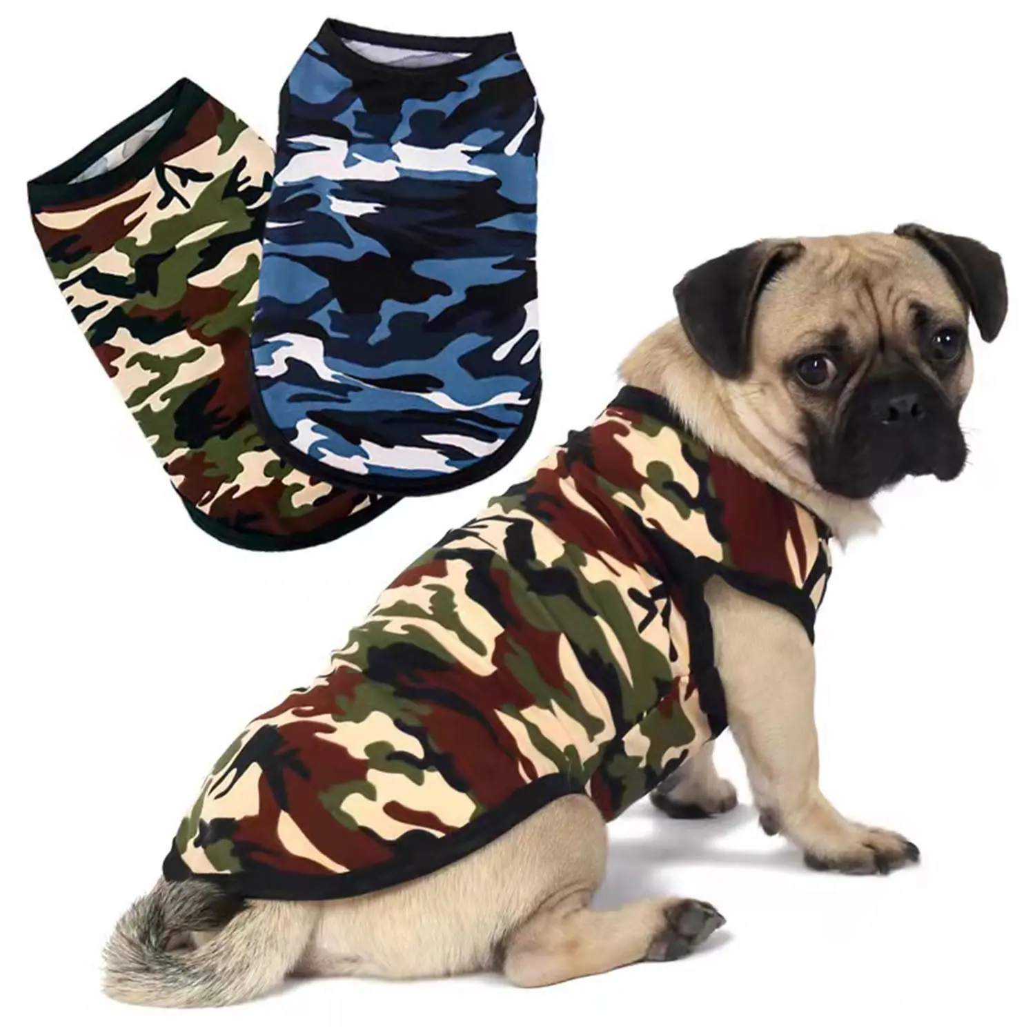 Pug wearing a camouflage vest with two additional color variations shown in the background.
