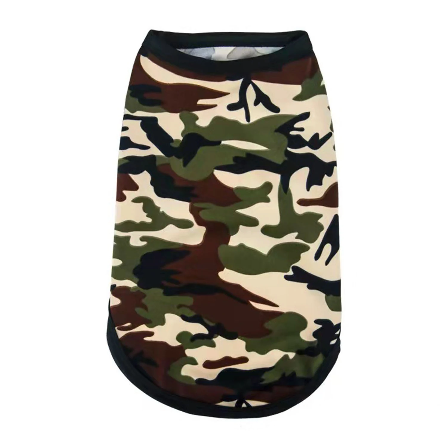 Camouflage pattern pet shirt with black trim on a white background