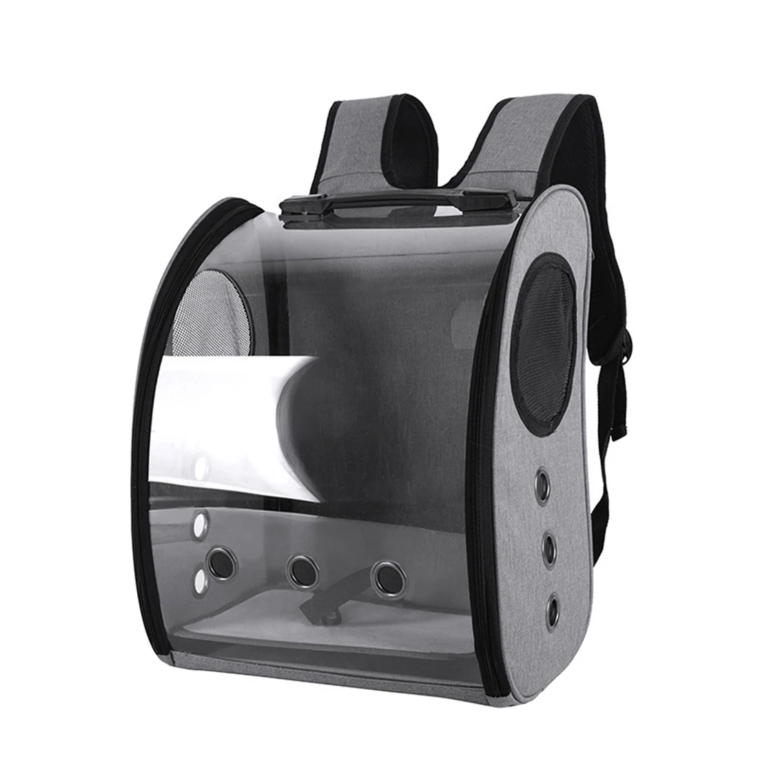 Transparent backpack carrier with grey fabric sides and ventilation holes