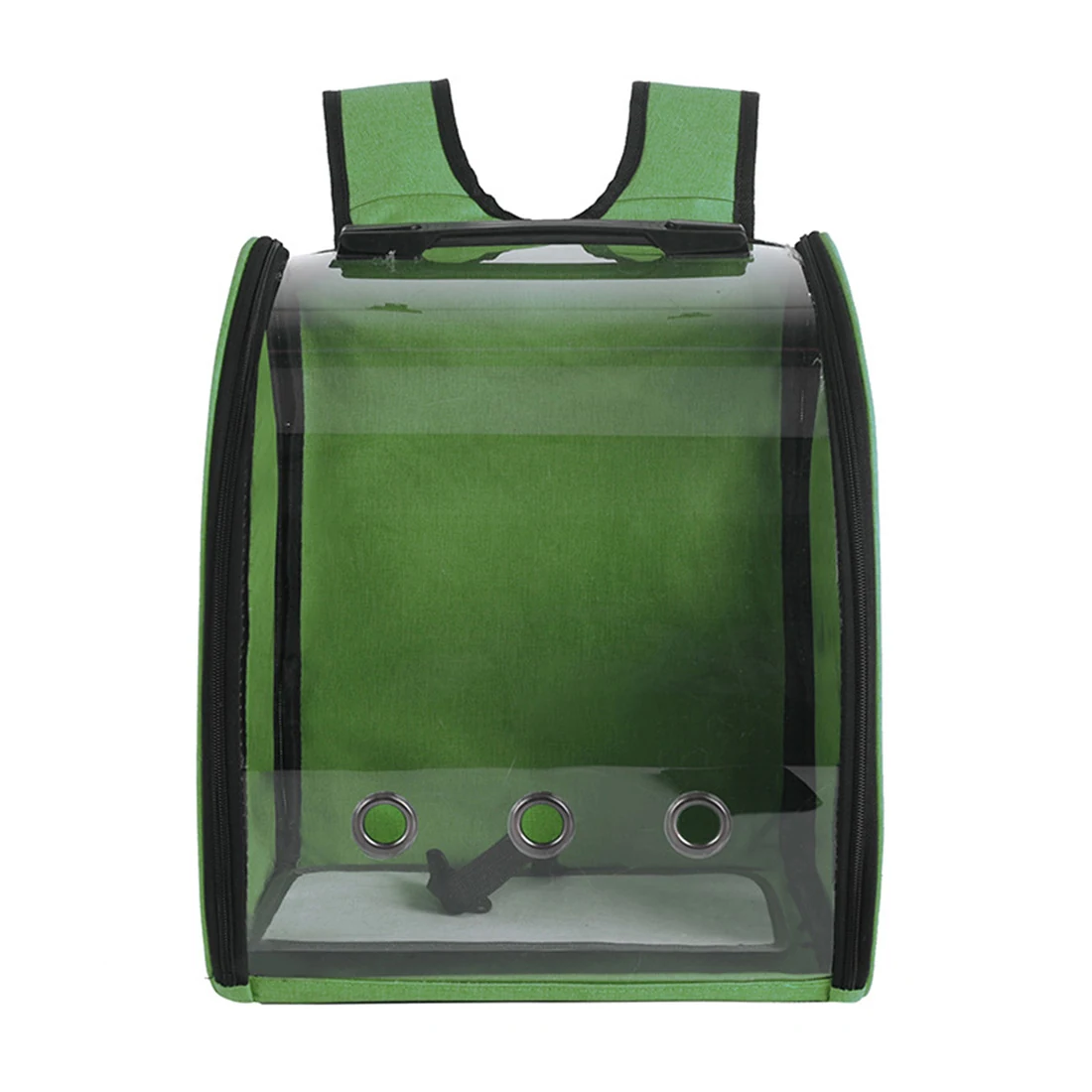 Green backpack with a clear plastic front panel and three ventilation holes.
