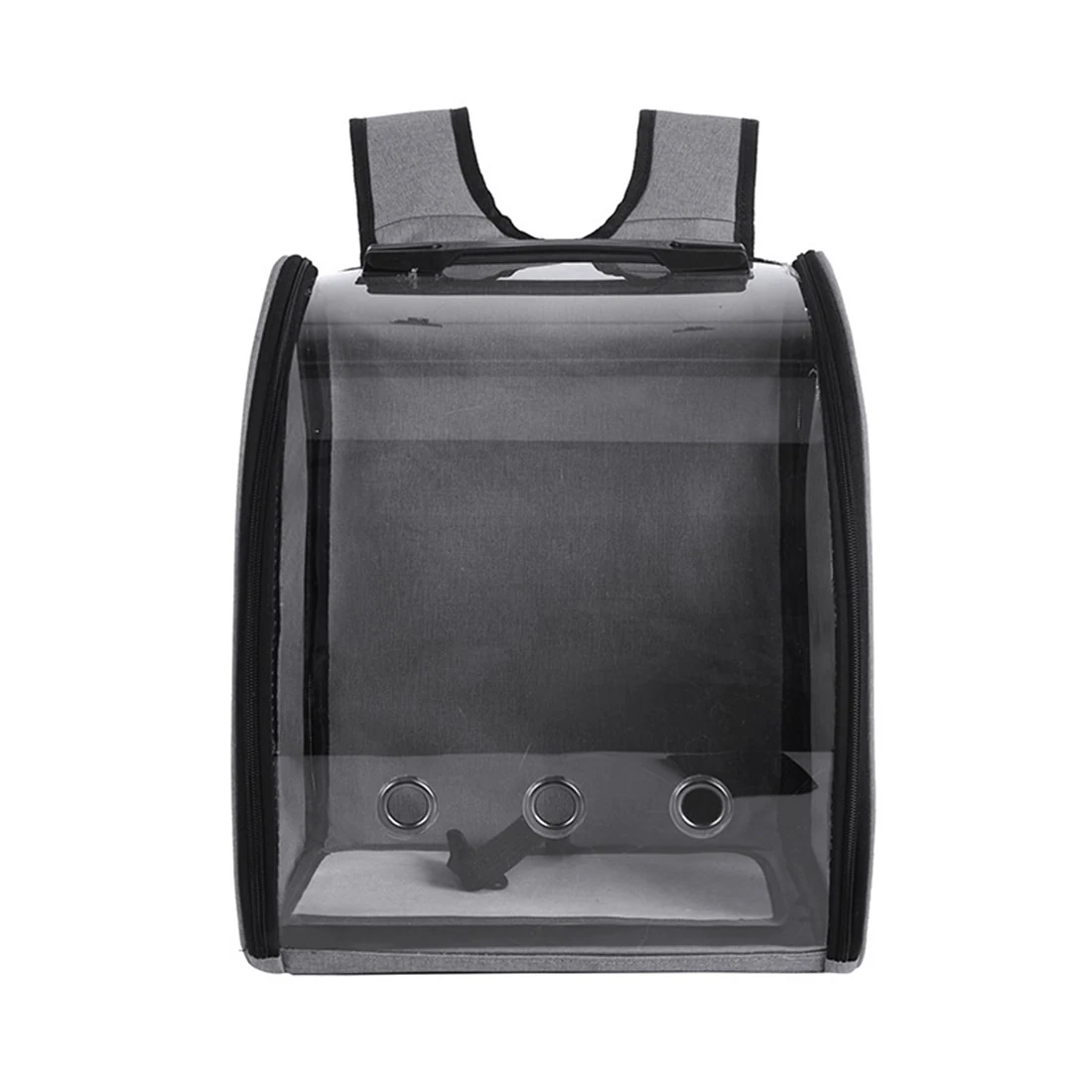 Front view of a transparent backpack with black straps and ventilation holes.
