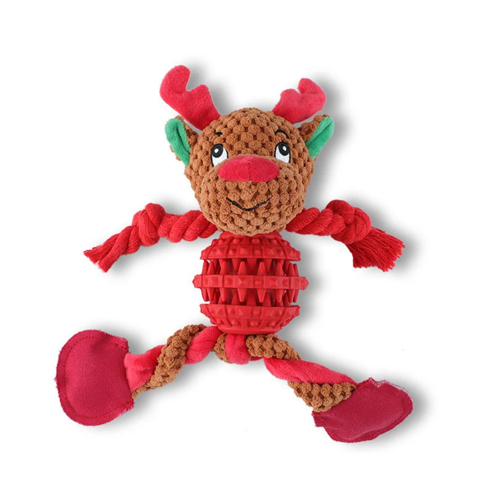 Plush reindeer toy with red rope arms and a red rubber chew ball body on a white background