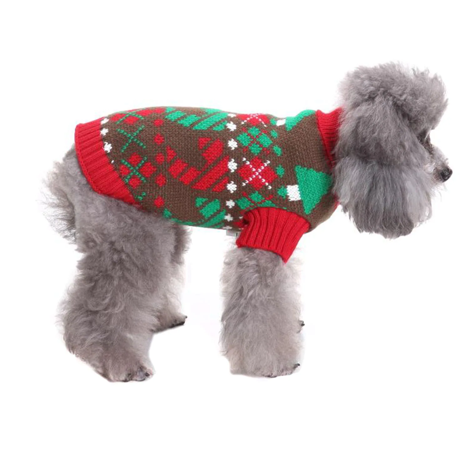Grey poodle standing in profile wearing a festive brown, red, and green knitted sweater