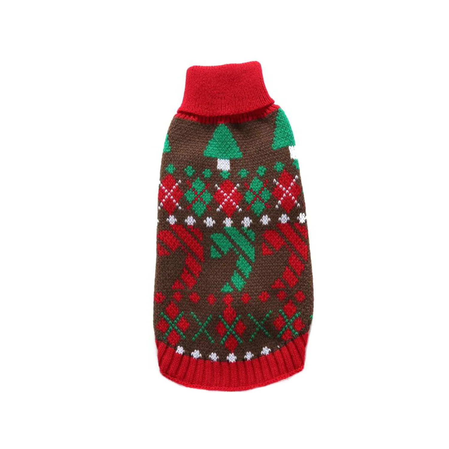 Knitted Christmas sweater for a pet featuring a brown background with green tree and red candy cane patterns.
