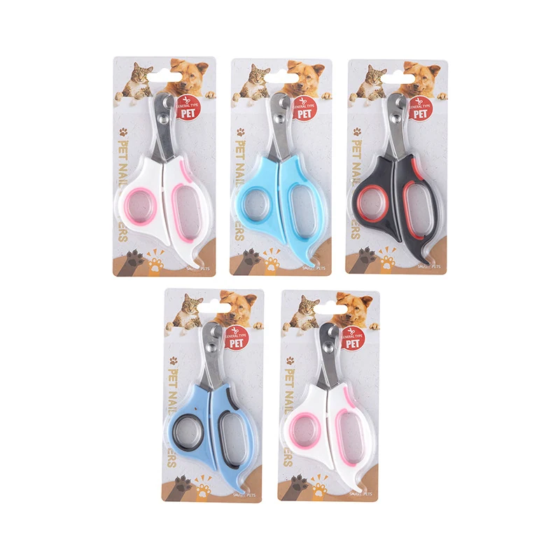 Five packaged pet nail clippers with pink, blue, and black handles on a white background.