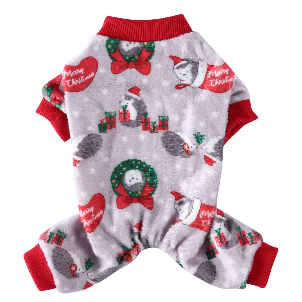 Gray fuzzy Christmas dog pajamas with red cuffs and holiday print