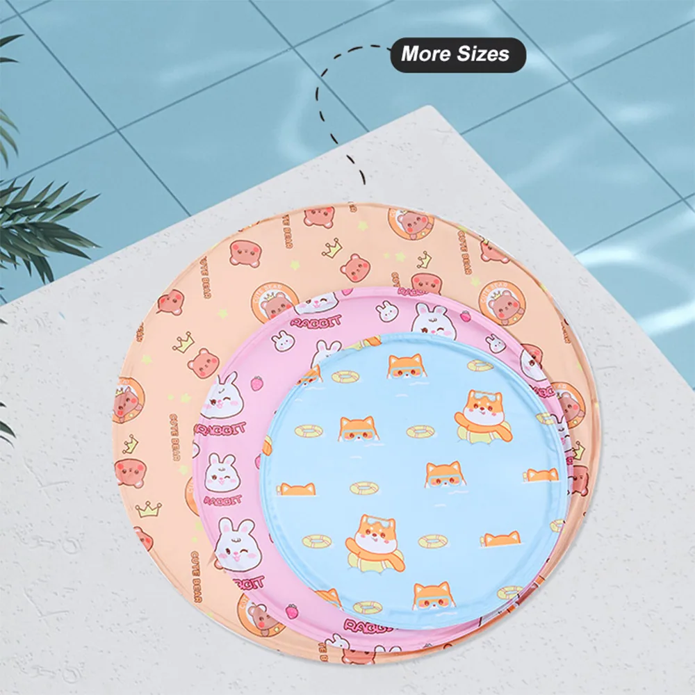 Three round pet cooling mats in orange, pink, and blue with cartoon designs, stacked to show sizes.
