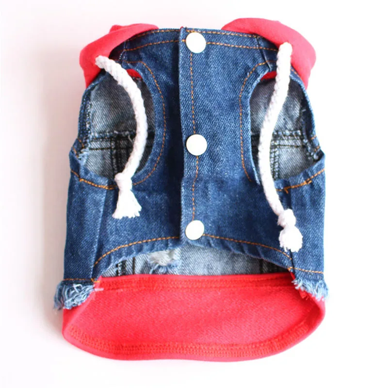 Blue denim and red hooded pet vest with white drawstrings and snap buttons.