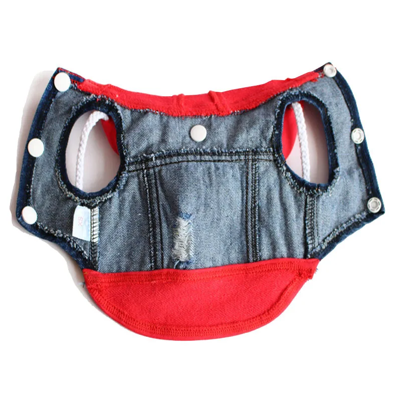 Denim and red fabric dog diaper with white snap buttons