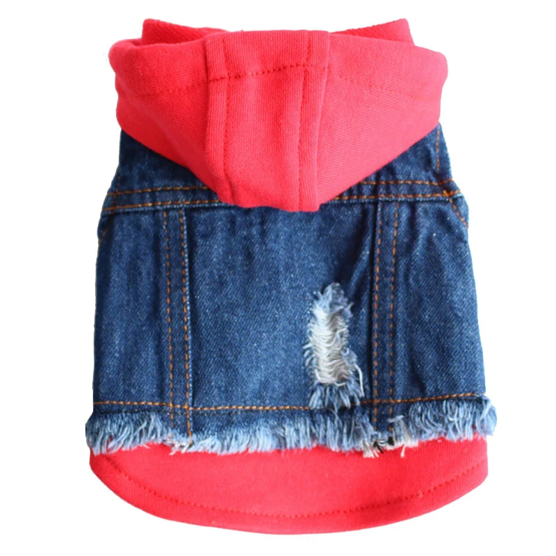 Denim and red hooded dog jacket with distressed details