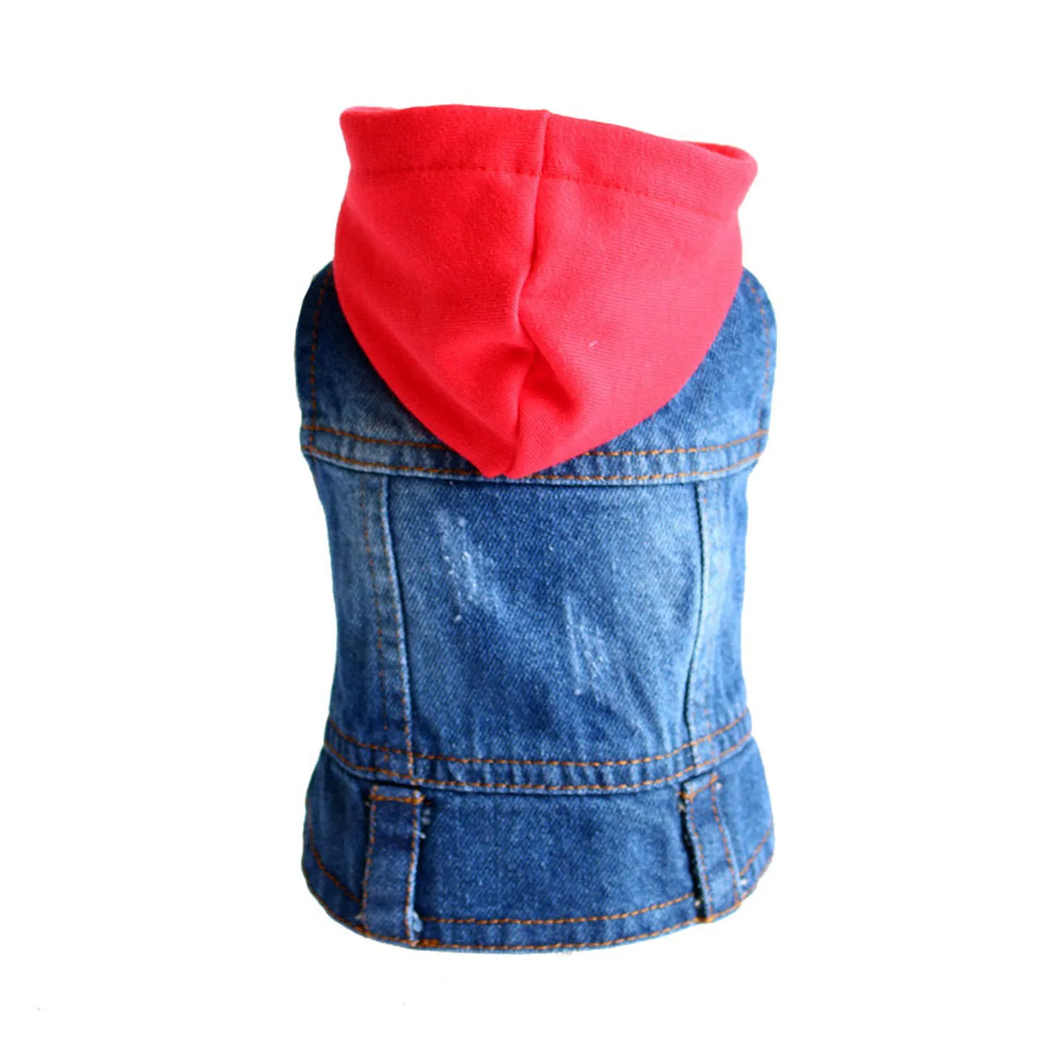 Rear view of a denim pet vest with a red hood on a white background