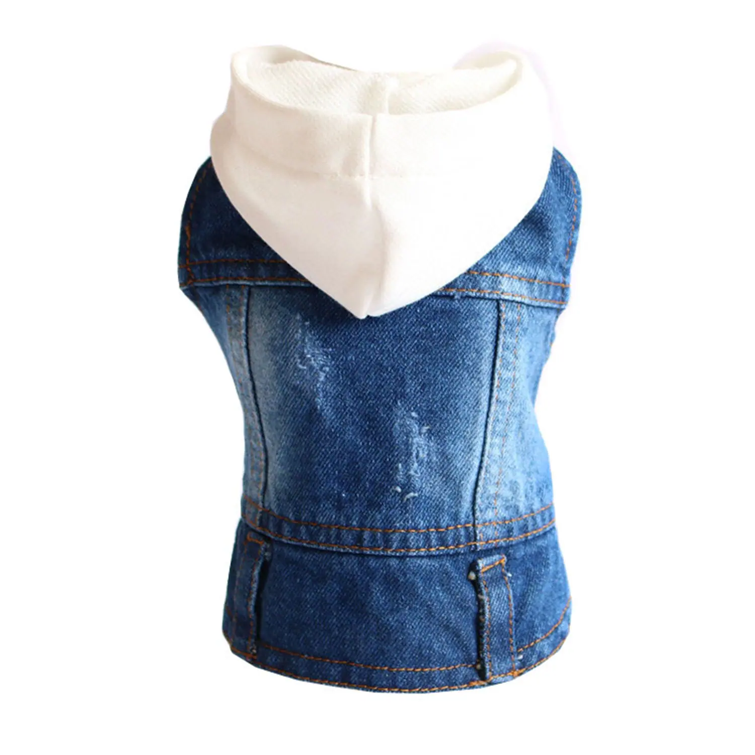 Rear view of a denim dog vest with a white hood