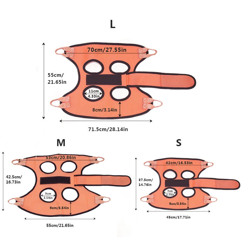 Sizing diagram showing dimensions for large, medium, and small orange patient transfer slings