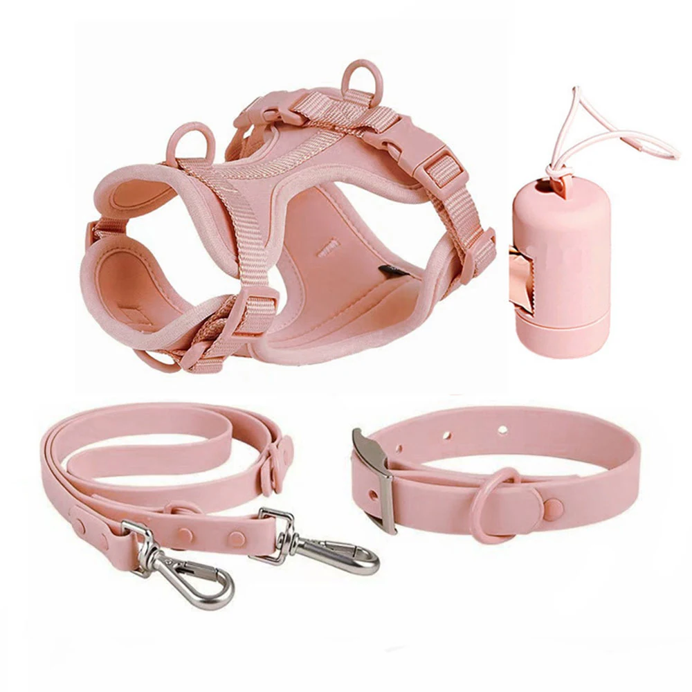 Pink pet harness, leash, collar, and portable water bottle set on a white background.