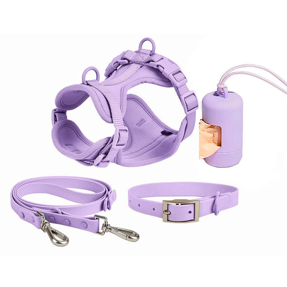 Lavender dog harness set including a vest, leash, collar, and portable waste bag dispenser.