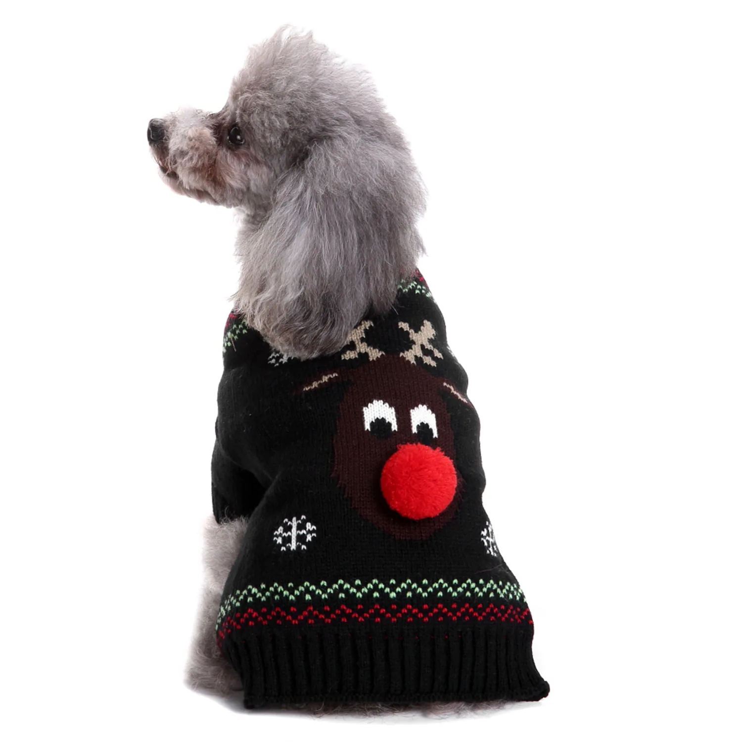 Grey poodle dog modeling a black knitted Christmas reindeer sweater