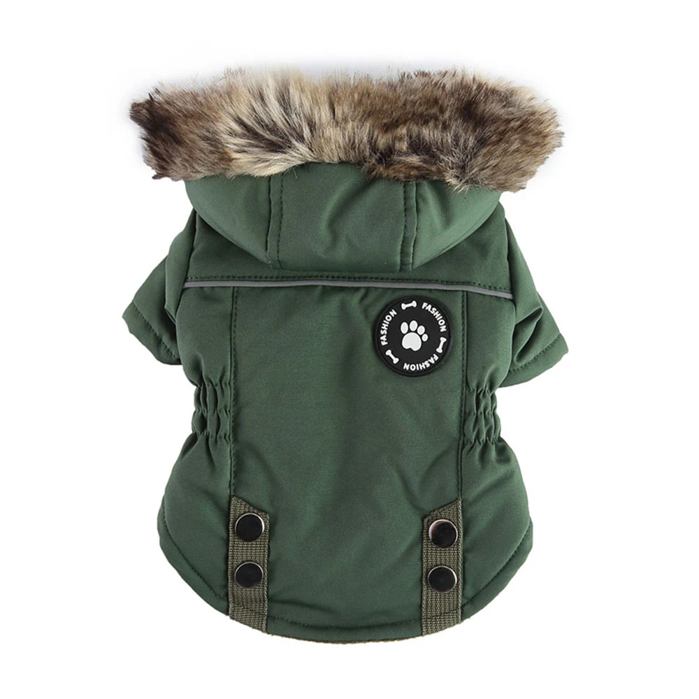 Green hooded dog coat with faux fur trim and black snap button straps on back.