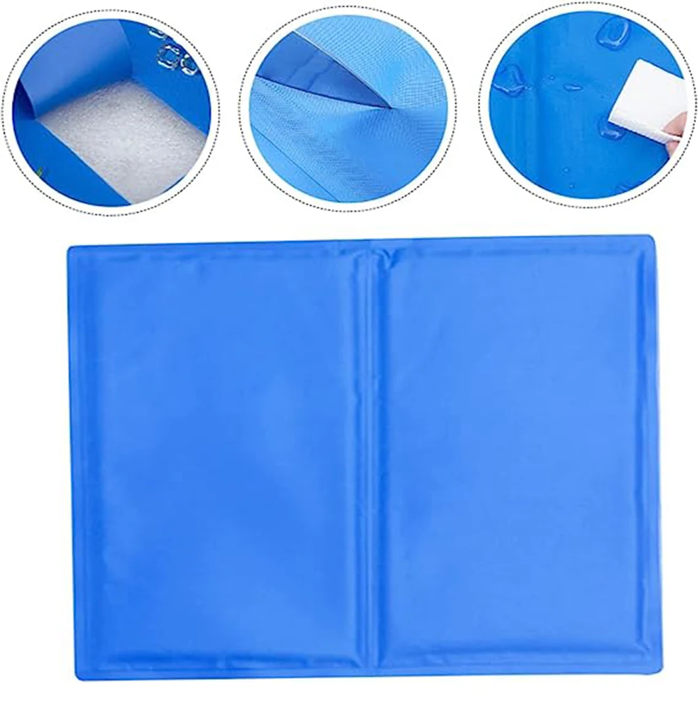 Folded blue waterproof tarp with inset detail circles showing material texture and water resistance.