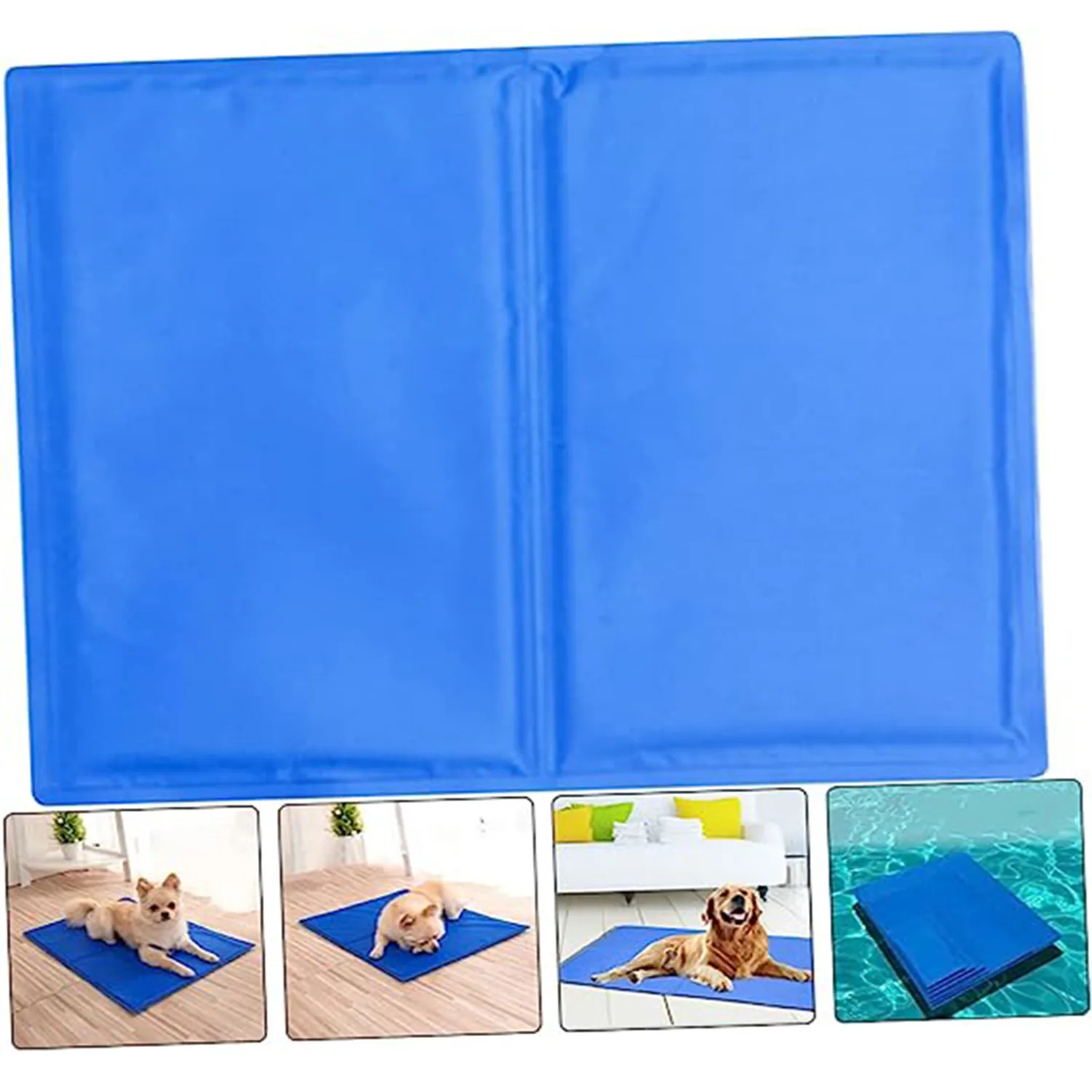 Large blue rectangular cooling mat shown with four inset lifestyle photos of dogs resting on it.