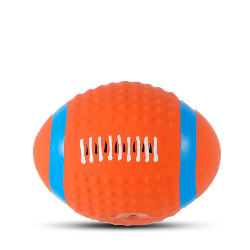 Orange textured football-shaped toy with blue stripes and white laces