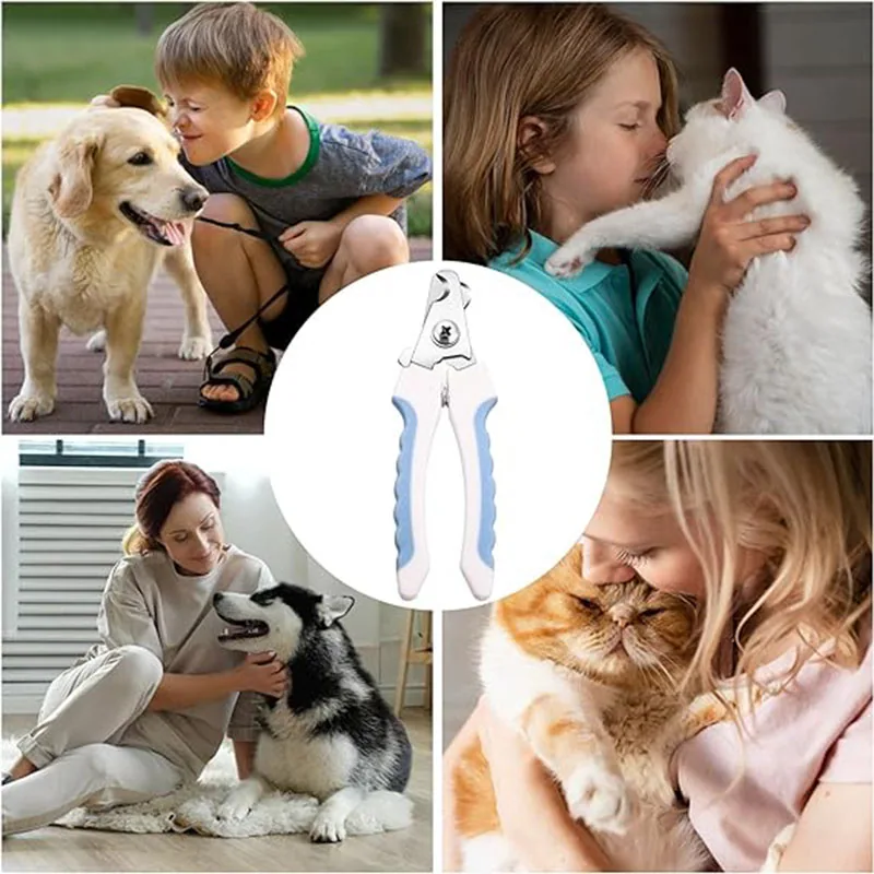 Collage of pet nail clippers in a central circle surrounded by four photos of children and adults with pets.