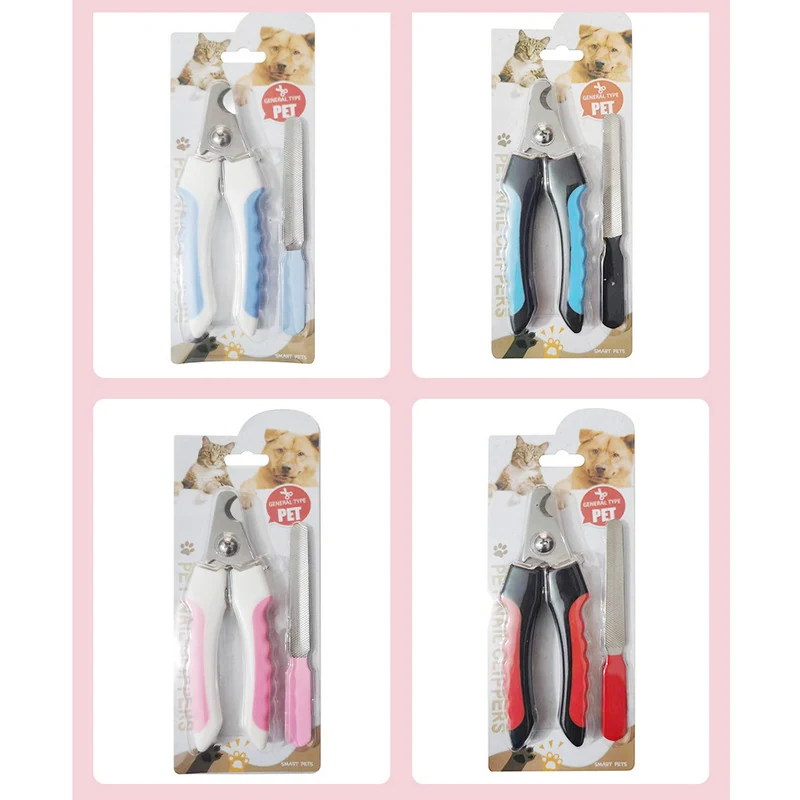Four blister packs of pet nail clippers and files in blue, black, pink, and red color variations.