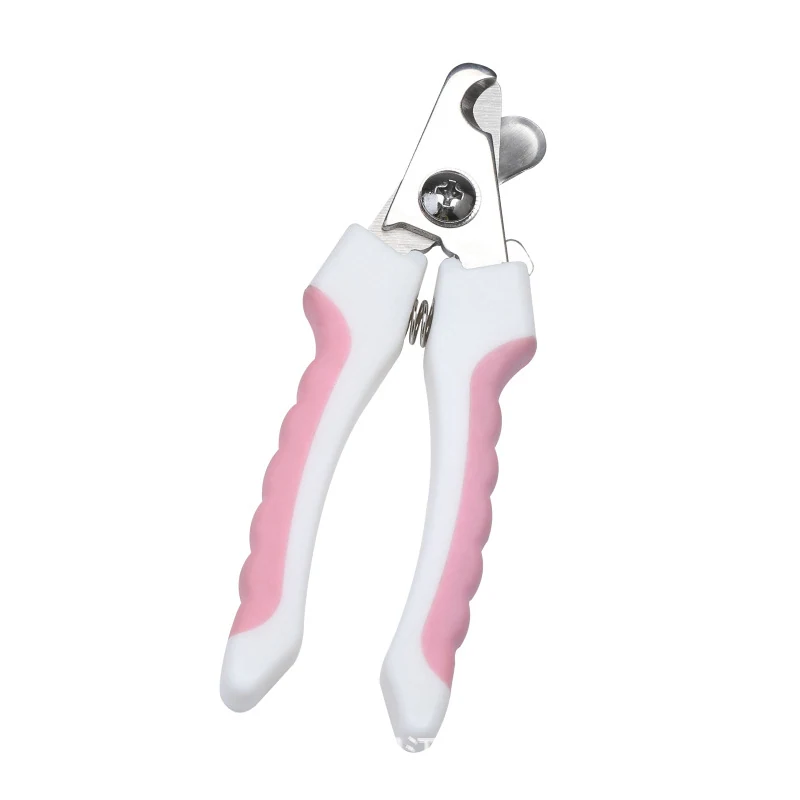 Pink and white pet nail clippers with scissor-style handles on a white background