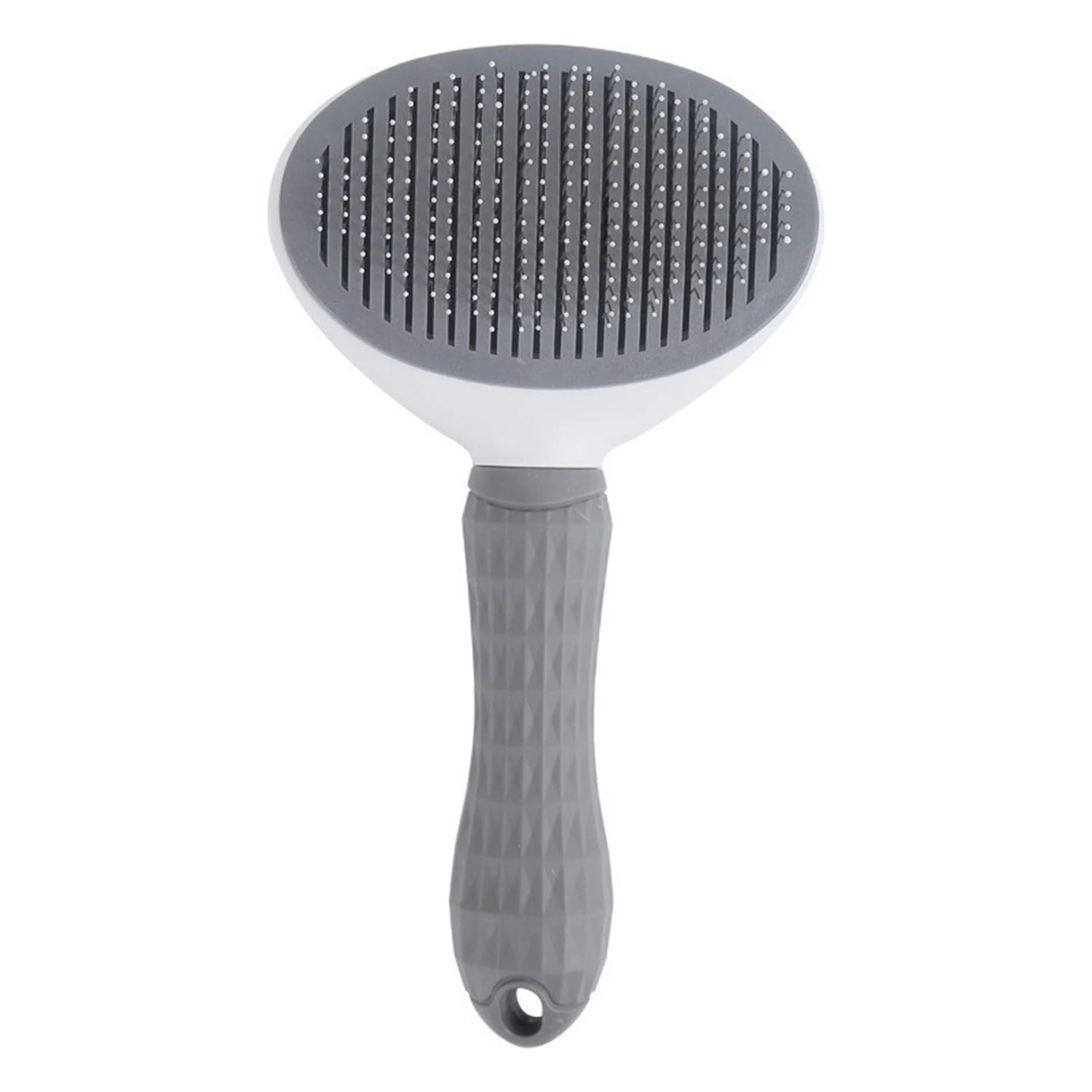 White and grey pet grooming brush with a textured rubber handle and metal pins.