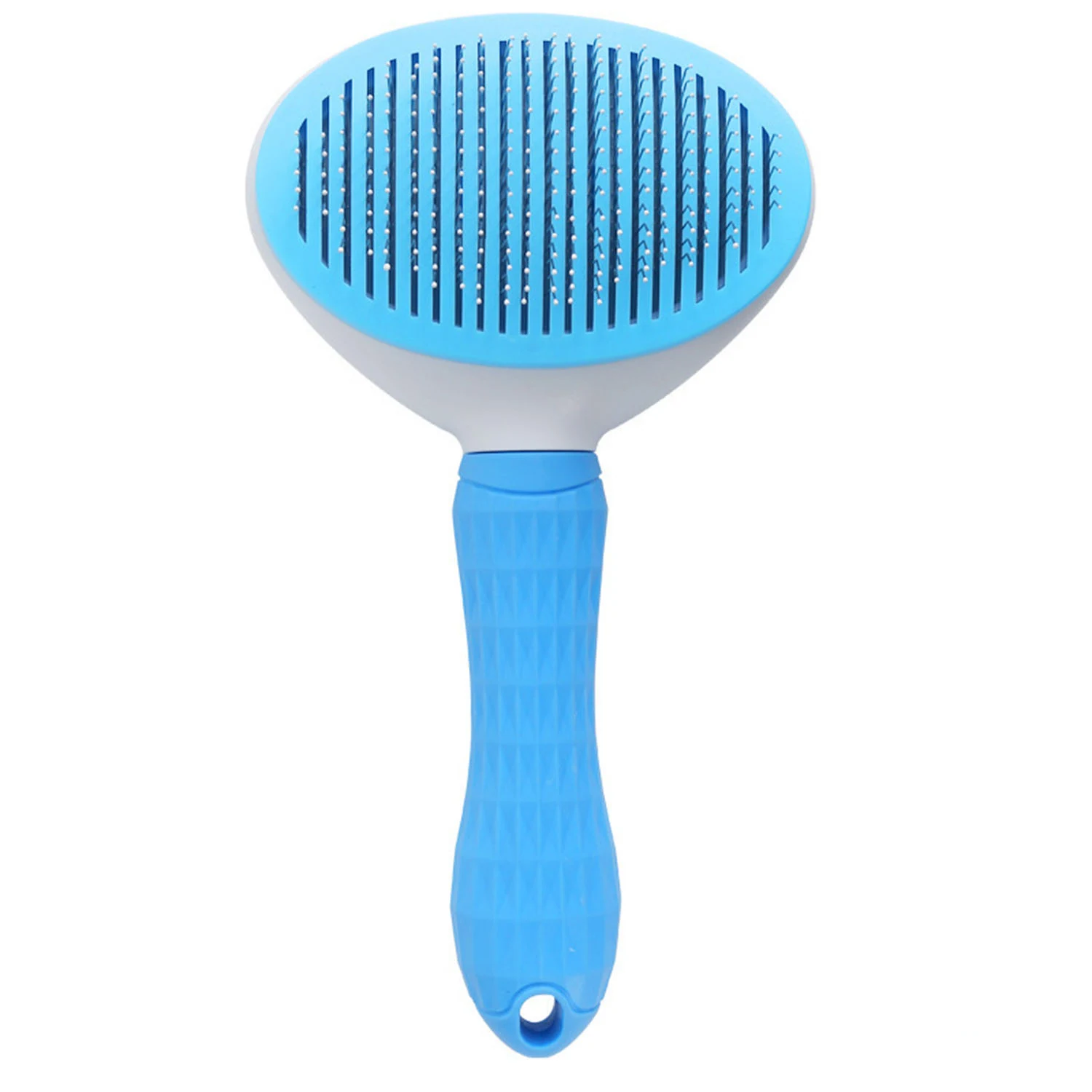 Blue and white grooming brush with a textured handle and an oval head featuring metal bristles