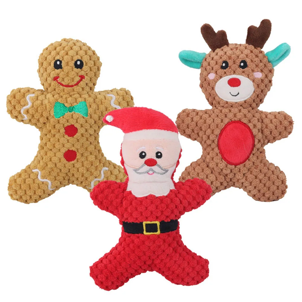 Three knitted Christmas plush toys: a gingerbread man, a reindeer, and Santa Claus on a white background.
