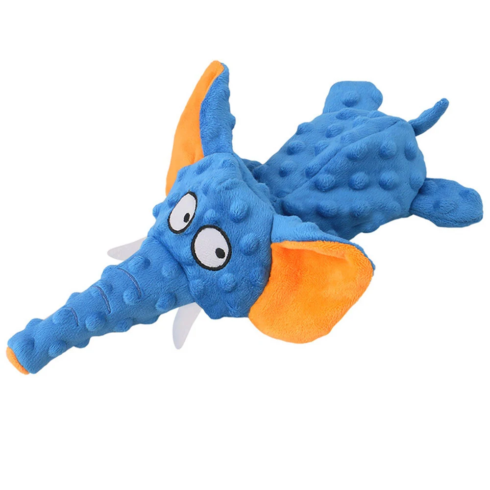 Blue plush elephant toy with orange ears and textured body on a white background