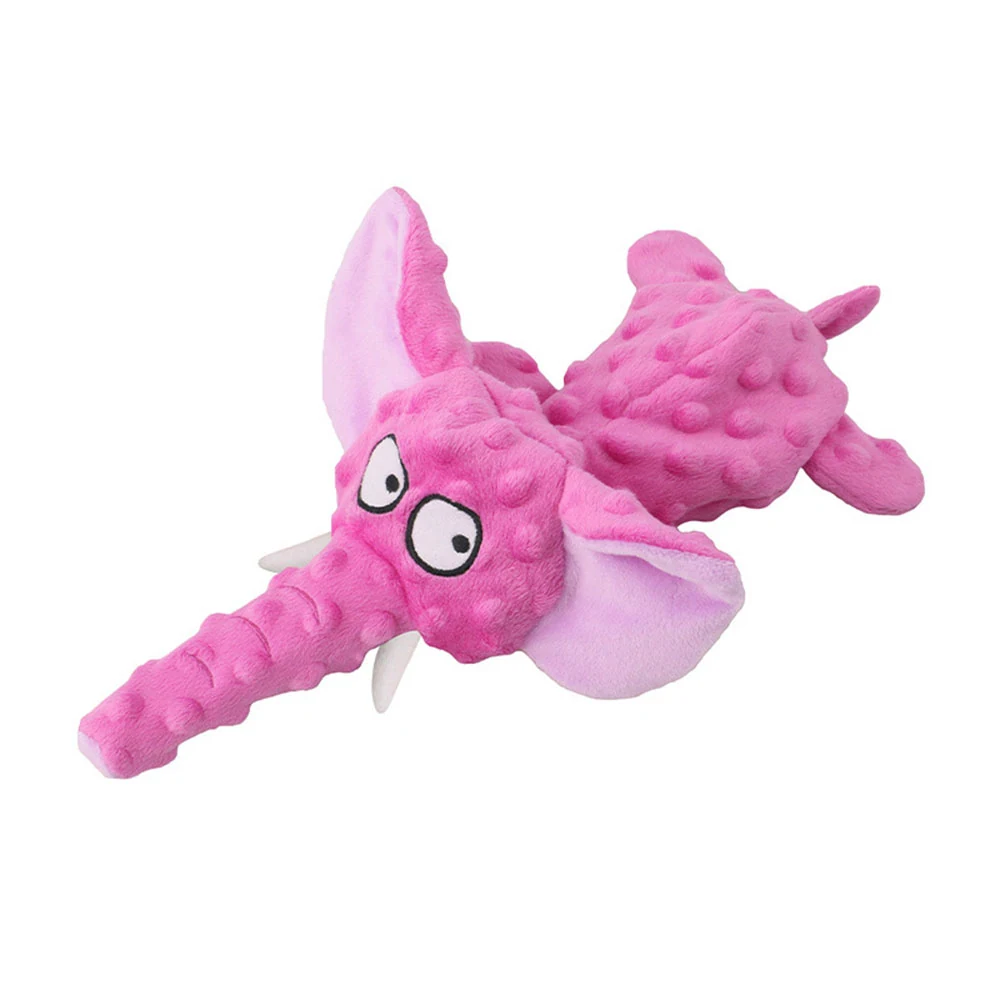 Pink plush elephant toy with bumpy texture and large eyes on a white background.