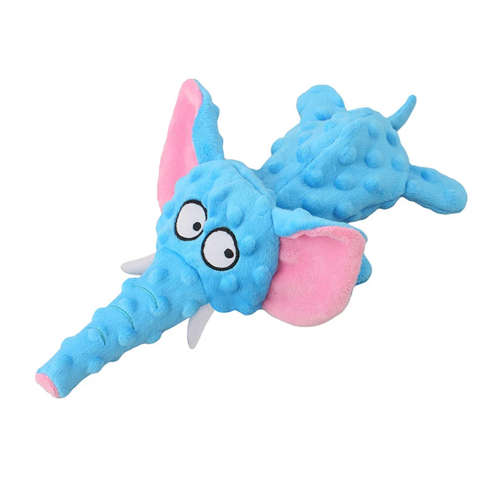 Blue plush elephant toy with pink ears and textured fabric on a white background