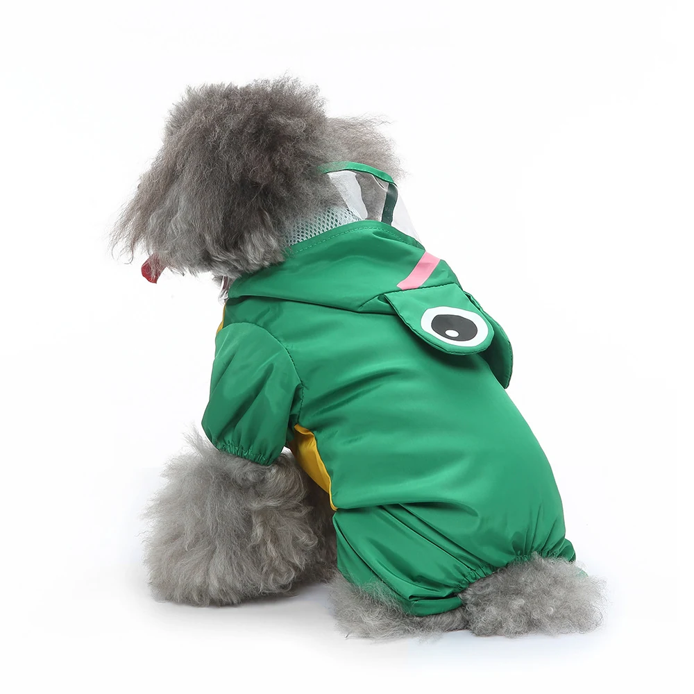 Rear view of a grey poodle wearing a green hooded raincoat with a frog face design