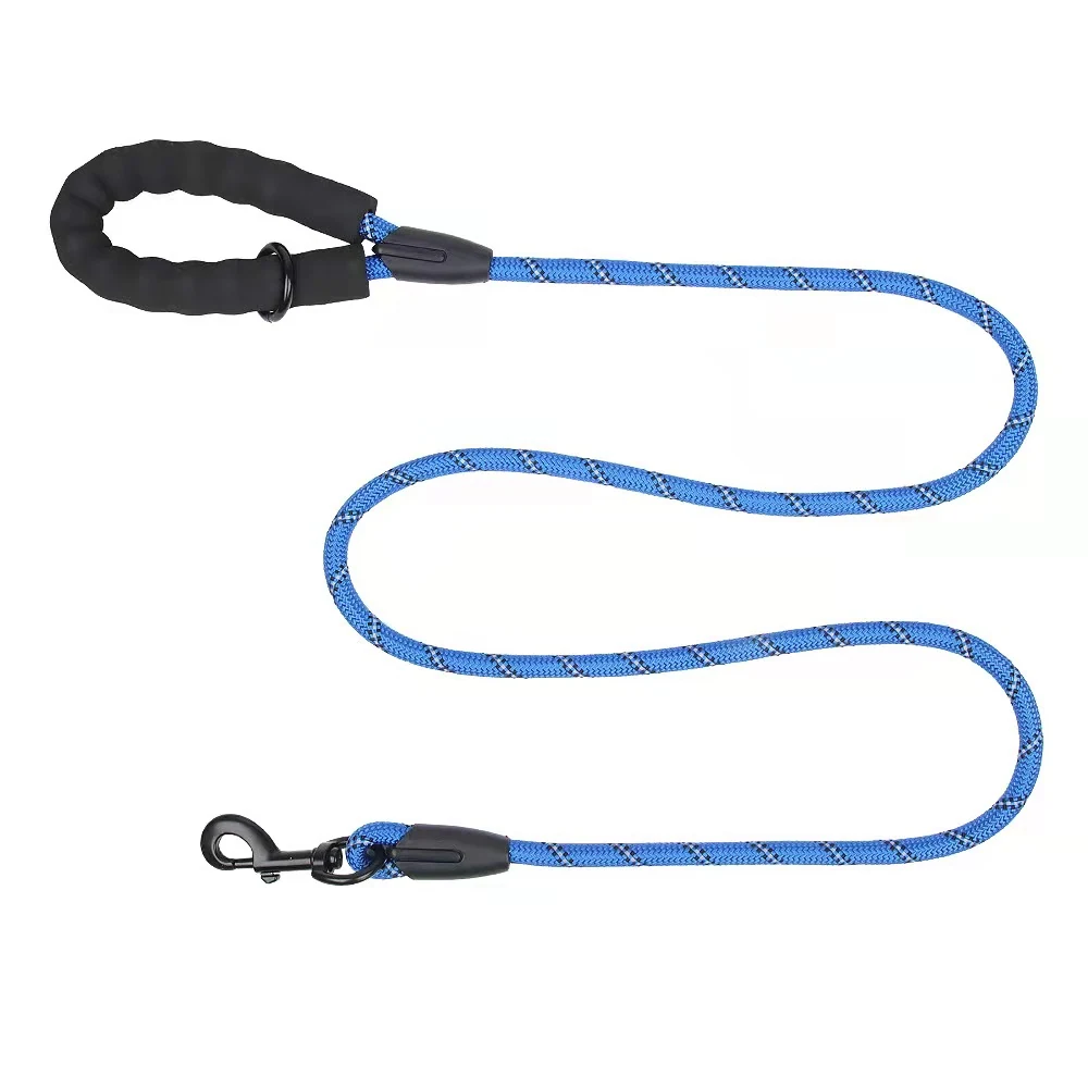 Blue patterned rope dog leash with black padded handle and metal clip on white background