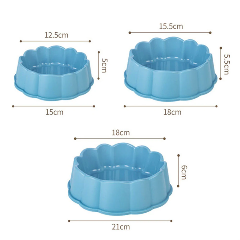 Three sizes of blue scalloped bundt pans with dimension measurements