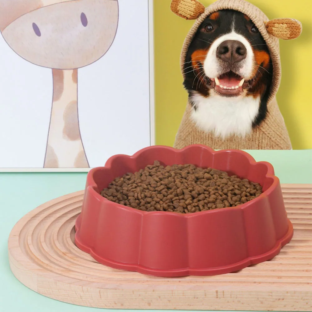 Red flower-shaped pet bowl filled with kibble on a wooden mat, with a dog wearing a sweater in the background.