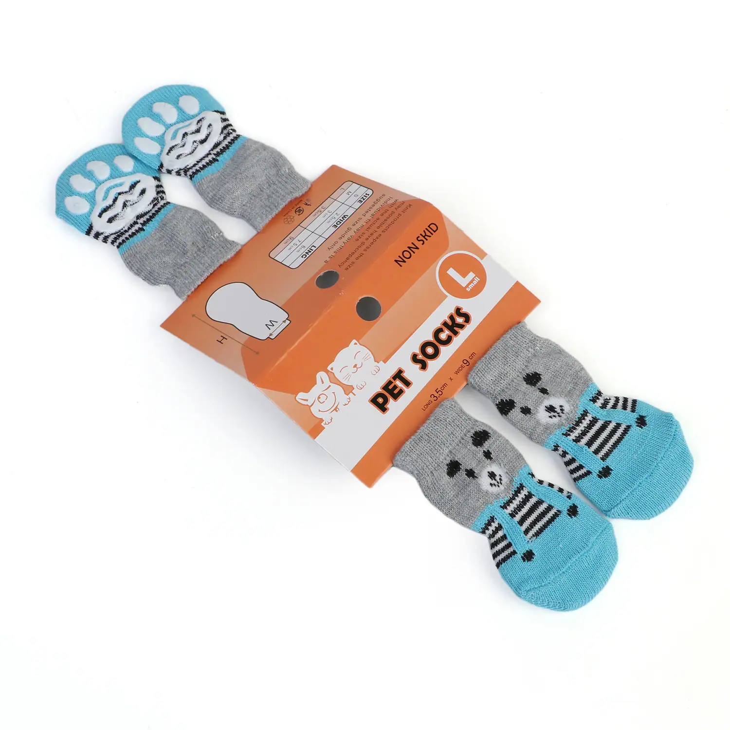 A package of four gray and blue pet socks with paw prints and non-slip grips.