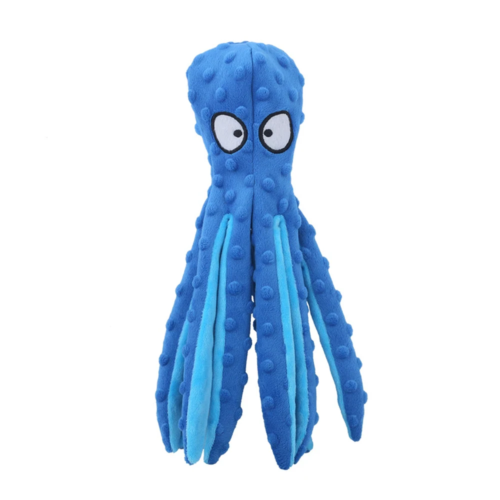 Blue plush octopus toy with embroidered eyes and textured bumps on a white background
